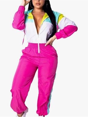 Source Unknown Hot Pink Colorblock Track Jumpsuit with Teal and Yellow Accents